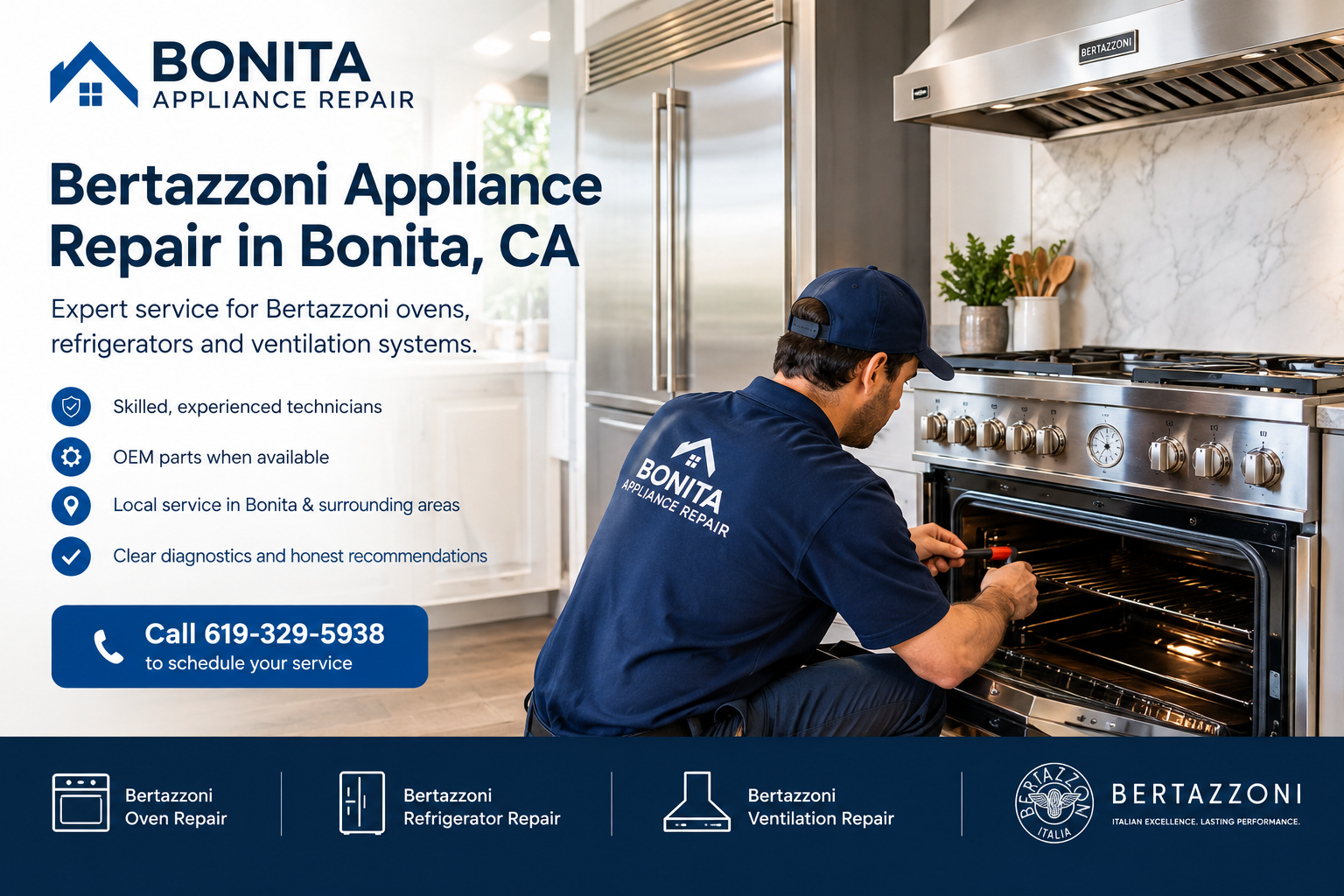 Bertazzoni appliance repair in Bonita, CA - ovens, refrigerators, and ventilation systems
