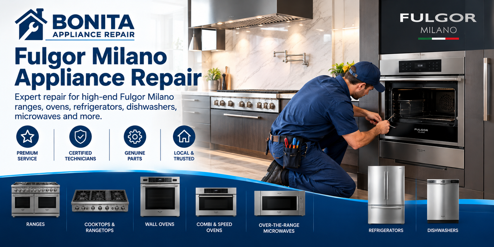 Fulgor Milano appliance repair in San Diego County - ranges, cooktops, wall ovens, microwaves, refrigerators, dishwashers
