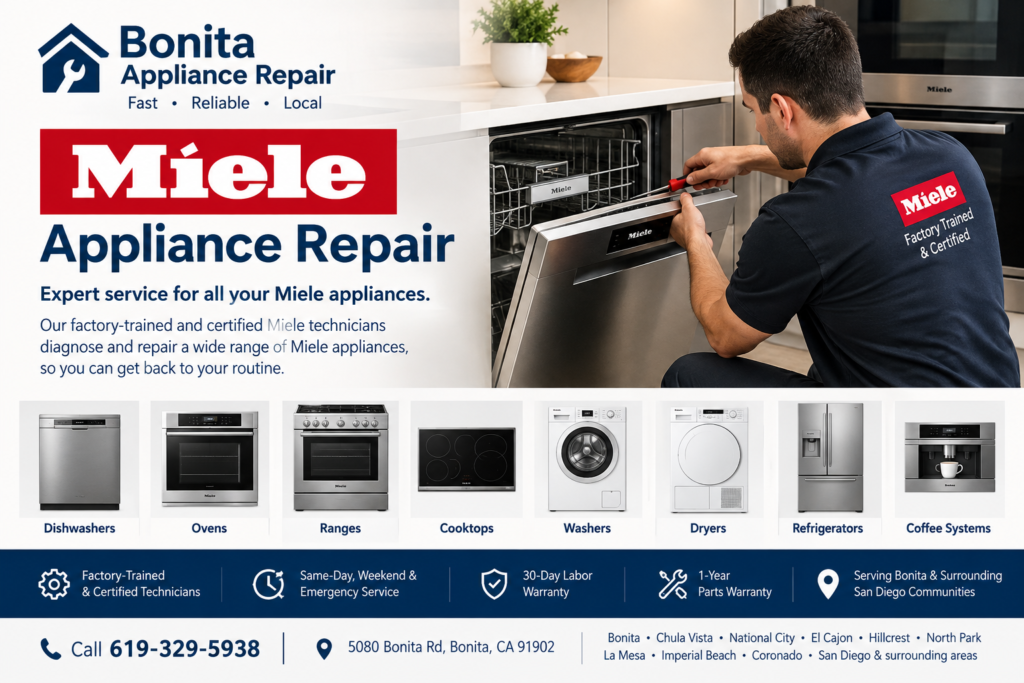 Miele appliance repair technician servicing a Miele dishwasher in San Diego