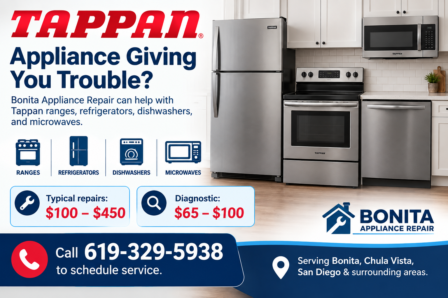 Tappan appliance repair in Bonita, CA - ranges, refrigerators, dishwashers, microwaves